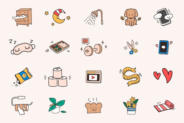 Free vector cute social distancing and quarantine icon set vector