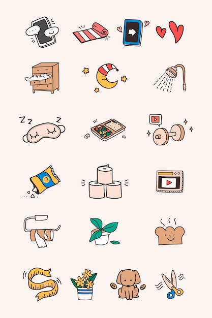 Free vector cute social distancing and quarantine icon set vector