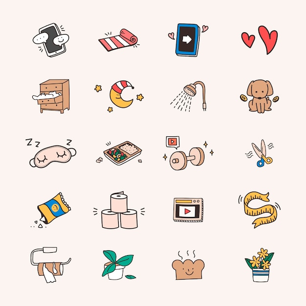 Cute social distancing and quarantine icon set