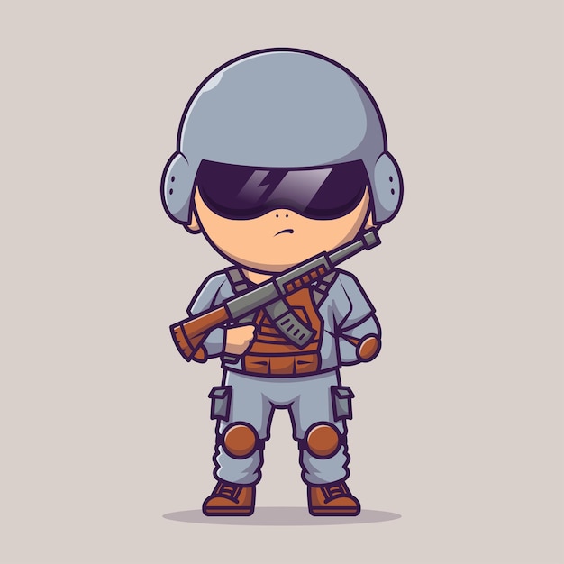 Cute Soldier Holding Gun Pistol Cartoon Vector Icon Illustration People Profession Icon Isolated