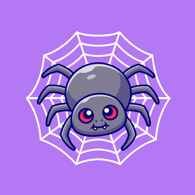 Cute Spider With Net Cartoon  Illustration. Animal Nature  Concept Isolated . Flat Cartoon Style