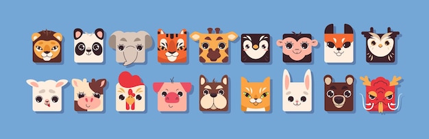 Simpatici volti di animali quadrati in stile piatto collezione di bambini divertenti a forma di testa di animali da compagnia safari e animali da fattoria elementi zoo per bambini baby avatar colorati set di icone per l'applicazione di gioco dell'interfaccia utente mobile