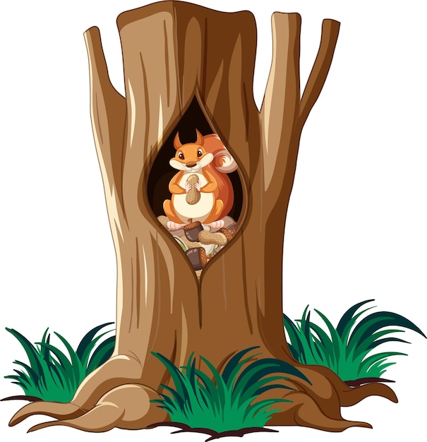 Free vector cute squirrel eating nuts in hollow