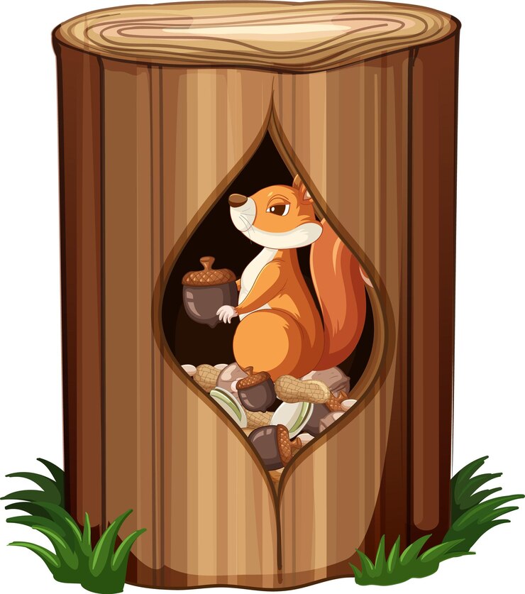 Free Vector cute squirrel and nuts in hollow
