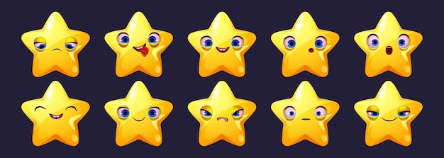 Simpatico personaggio stella faccia emoji set icone dei cartoni animati