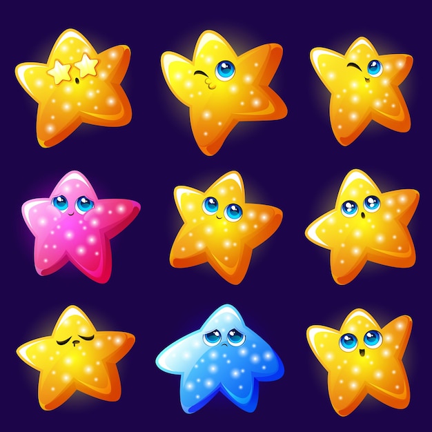 Free vector cute star emoji, gold shiny emoticons isolated on blue background. vector cartoon set of funny star character with happy smile, sad, excited, sleepy and confused