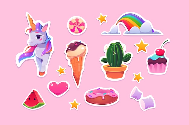무료 벡터 소녀 만화 유니콘, 아이스크림, 무지개와 핑크 하트를위한 귀여운 스티커