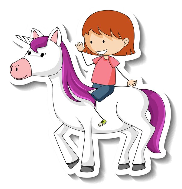 Cute stickers with a little girl riding a unicorn cartoon character