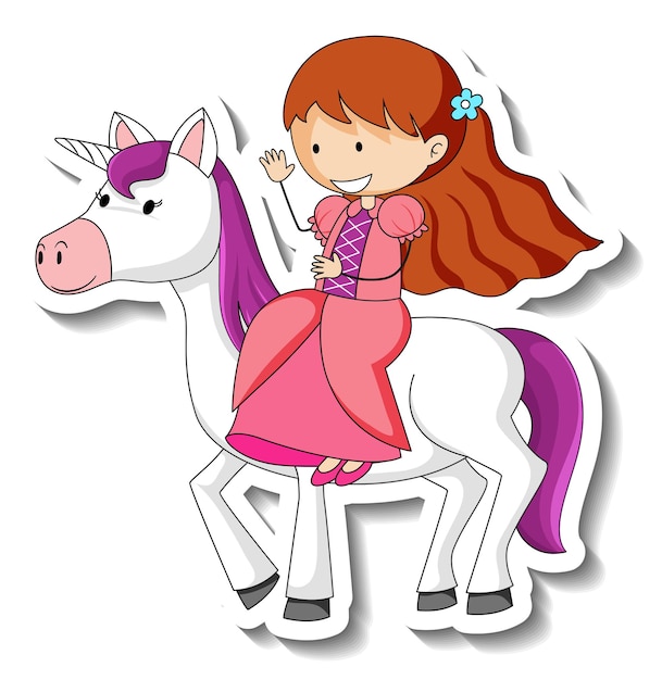 Cute stickers with a little princess riding a unicorn cartoon character