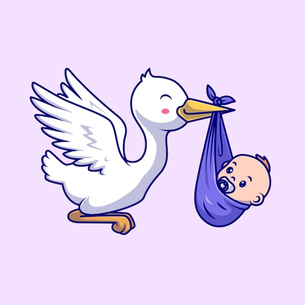 無料ベクター かわいいコウノトリ鳥をもたらす赤ちゃん漫画ベクトル アイコン イラスト。分離された動物の人々 アイコン コンセプト