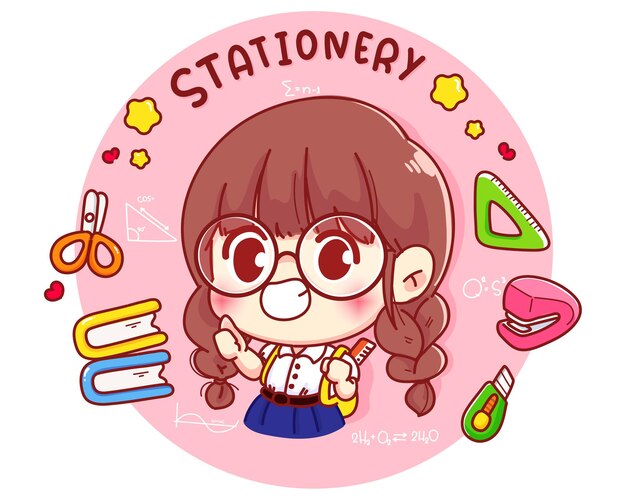 文房具のロゴの漫画のキャラクターイラストと幸せなかわいい女の子 無料のベクター