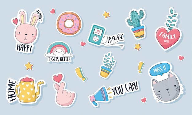 Cute stuff for cards stickers or patches decoration cartoon set icons