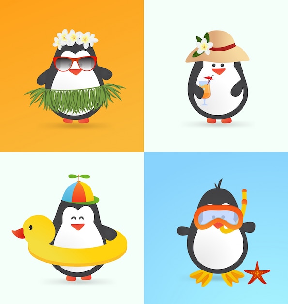 かわいい夏のペンギンのキャラクター