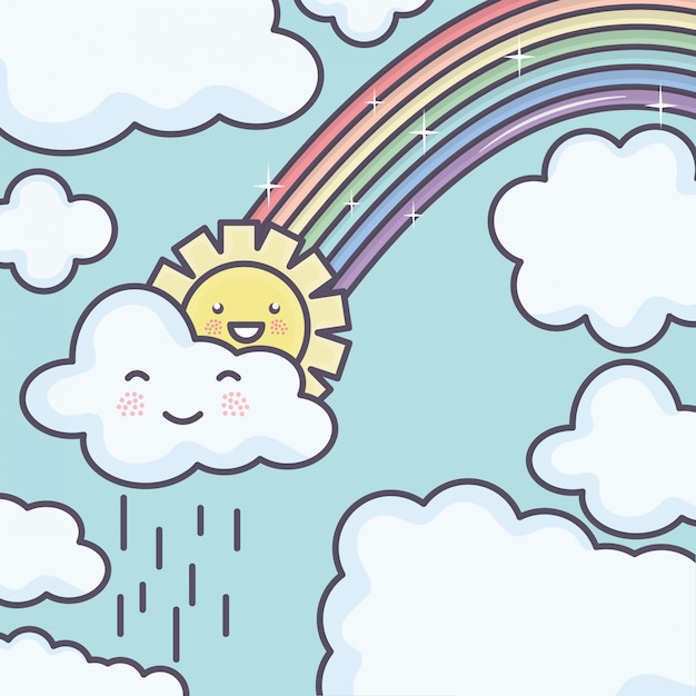 Vettore gratuito carino sole estivo e nuvole piovose con personaggi kawaii arcobaleno