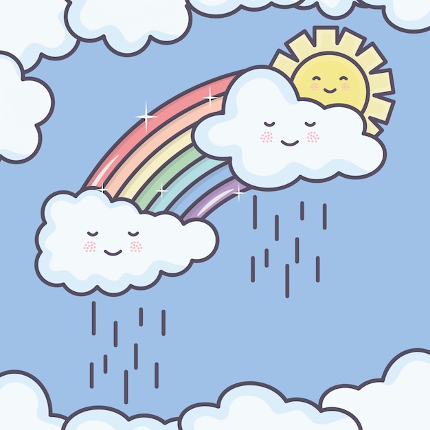 Carino sole estivo e nuvole piovose con personaggi kawaii arcobaleno Vettore gratuito