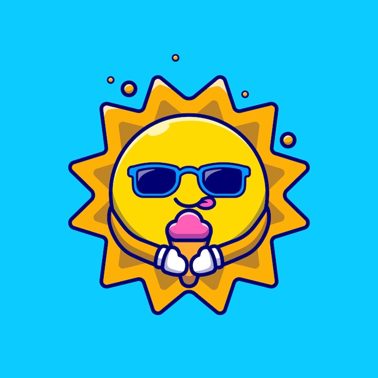 免費 Vector 可愛的太陽戴著眼鏡吃冰<unk>淋卡通插圖.