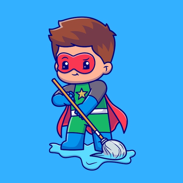 Free vector cute super hero cleaning floor with mop cartoon vector icon illustration people healthy isolated