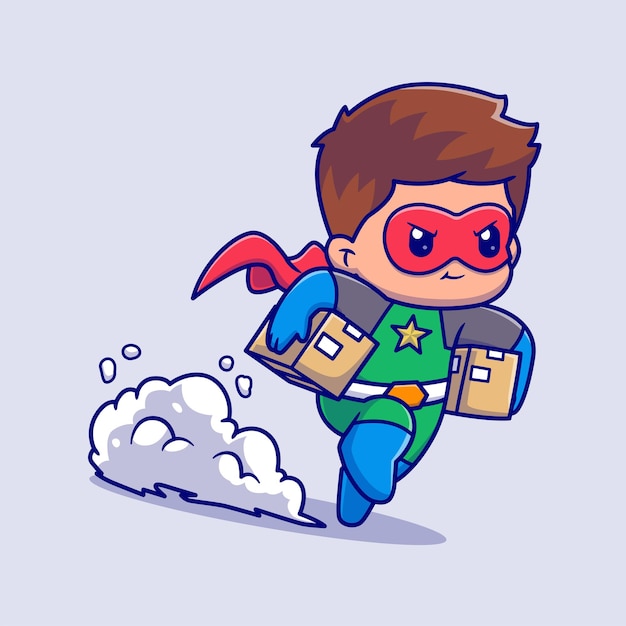 Cute super hero delivery package cartoon vector icon illustration people profession icon isolated