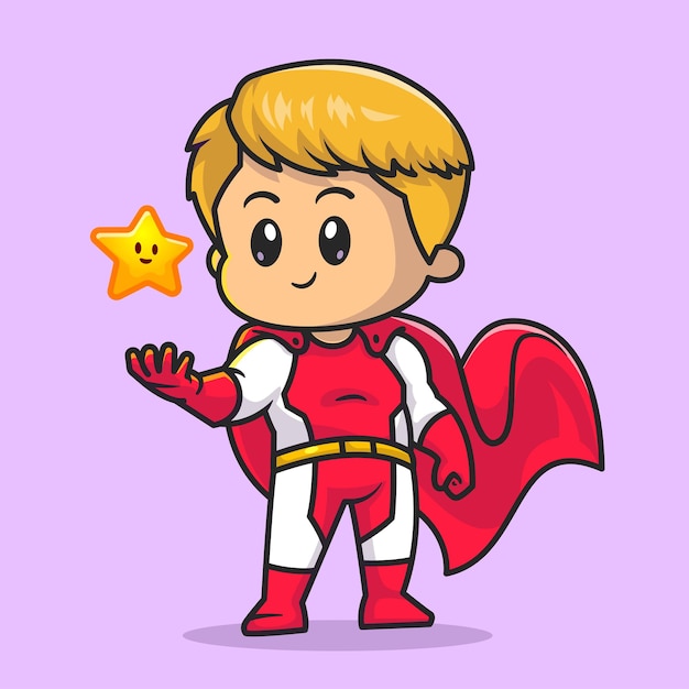 Cute Super Hero With Cute Star Cartoon Vector Icon Illustration. People Hero Icon Concept Isolated Premium Vector. Flat Cartoon Style