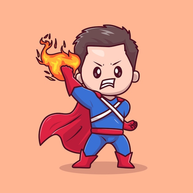 Cute Superhero Man With Fire On Hand Cartoon Vector Icon Illustration. People Holiday Icon Isolated