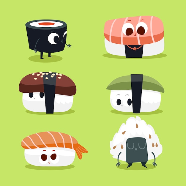 Vettore gratuito collezione di personaggi simpatici di sushi