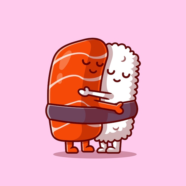 Free vector cute sushi salmon couple hug cartoon icon illustration.