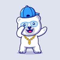 Free vector cute swag polar bear with hat and gold chain necklace cartoon illustration. flat cartoon style