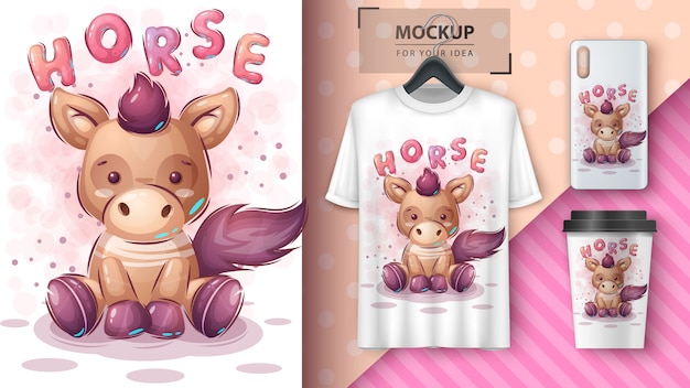 Free vector cute teddy horse poster and merchandising.