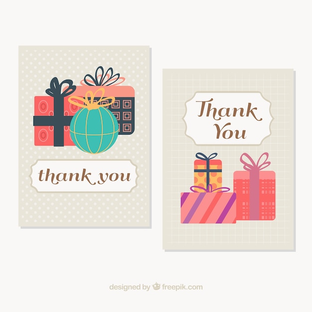 Free vector cute thank you cards with gifts in vintage style