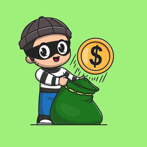 Vettore gratuito simpatico ladro che tiene il sacchetto dei soldi con la moneta d'oro cartoon vector icon illustrazione persone finanza piatta