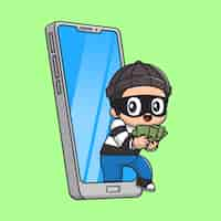 Free vector cute thief steal money from phone cartoon vector icon illustration people technology isolated flat