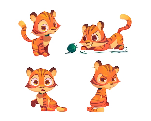 Cute tiger cartoon character, funny animal cub mascot with kawaii muzzle express emotions smile, take offense, surprised and playing with clew. wild kitten with orange striped skin vector isolated set