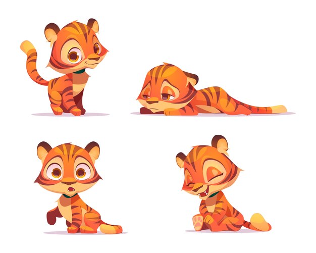 Cute tiger cartoon character, funny animal cub mascot with kawaii muzzle express emotions smiling, laughing, surprised and sad.