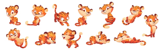 Free vector cute tiger character wild animal mascot in different poses vector set of cartoon funny kitten sleep play think walking and greeting happy baby tiger isolated on white background