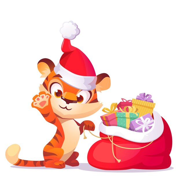 선물 자루와 크리스마스 모자에 귀여운 호랑이입니다. 흰색 배경에 격리된 리본과 활이 있는 상자에 선물로 가득 찬 빨간색 열린 가방이 있는 재미있는 새끼 고양이 캐릭터의 벡터 만화 그림