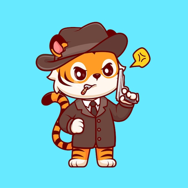 Cute tiger detective holding gun pistol cartoon vector icon illustration animal holiday isolated