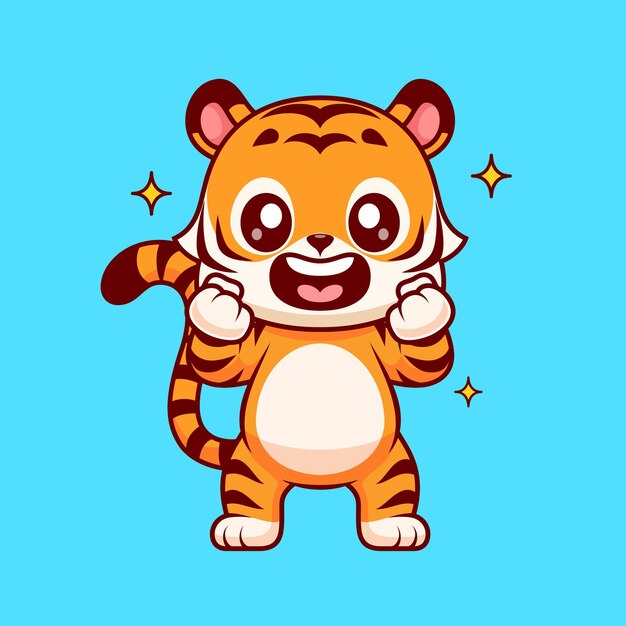 Cute Tiger Excited Cartoon Vector Icon Illustration Animal Nature Icon Concept Isolated Flat Vector