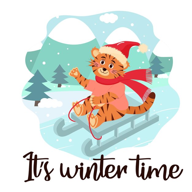 Cute tiger in hat and scarf is sledding its winter time lettering winter greeting card