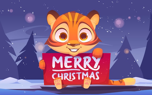 Cute tiger holding banner with merry christmas congratulation. wild funny kitten in winter forest with fir-trees around. animal cub xmas character with greeting card, cartoon vector illustration