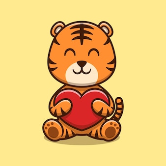 Cute tiger hugging love heart cartoon icon illustration