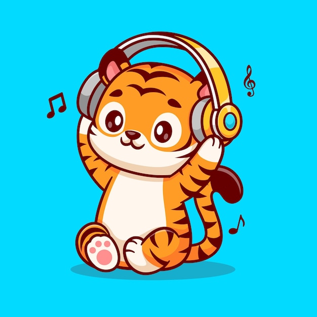 Cute Tiger Listening Music With Headphone Cartoon Vector Icon Illustration Animal Music Isolated