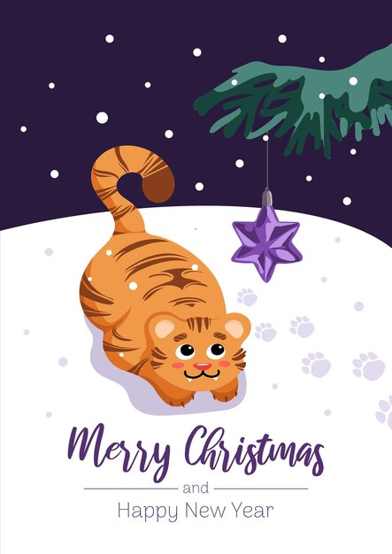 A cute tiger plays with a christmas tree toy star merry christmas symbol of chinese new year 2022