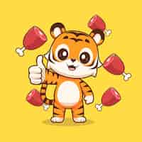 Free vector cute tiger thumbs up with meat cartoon vector icon illustration animal food icon concept isolated