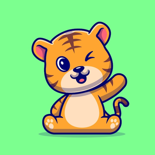 Cute Tiger Waving Hand Cartoon Vector Icon Illustration. Animal Nature Icon Concept Isolated Premium Vector. Flat Cartoon Style
