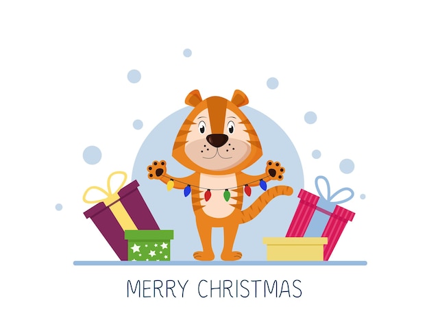 Cute tiger with christmas garland and gift  chinese calendar symbol symbol of new year 2022