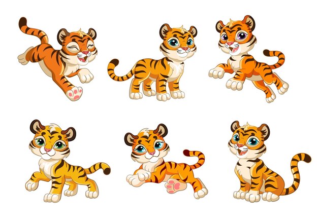 Cute tigers cub set. cartoon characters vector isolated colorful illustration