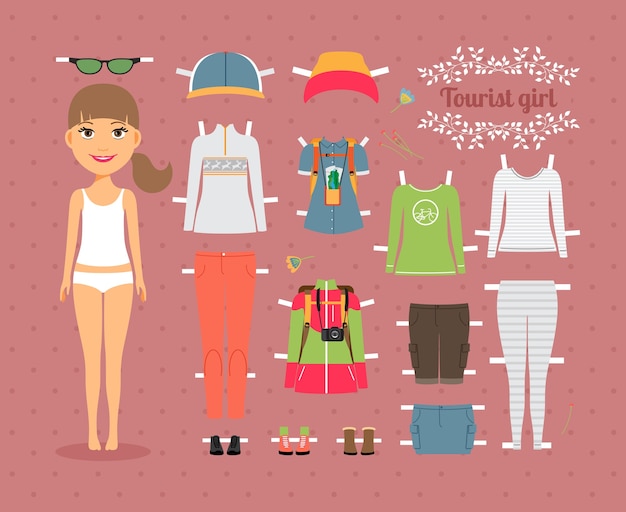 Cute tourist girl paper doll with set of fashionable clothes and shoes on seamless pink background.