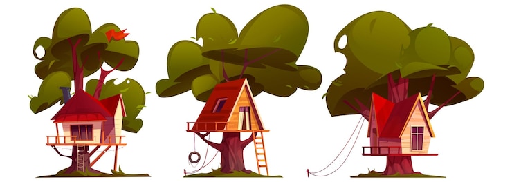 Free Vector cute treehouses set isolated on white background