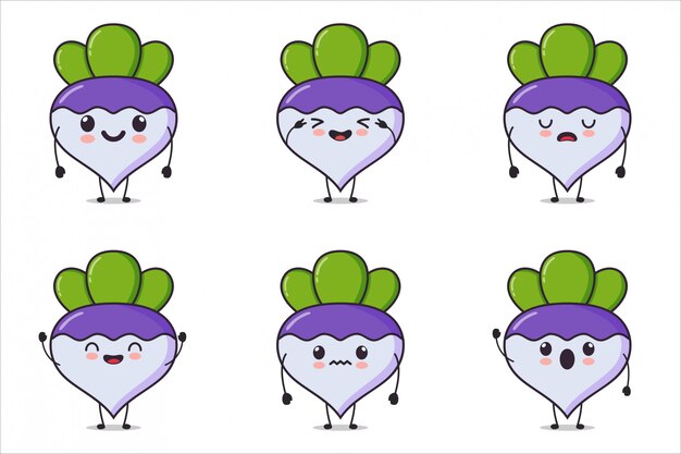 かわいいカブ野菜セットの漫画イラスト プレミアムベクター