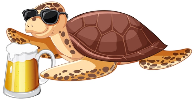 Free vector cute turtle cartoon character drinking beer
